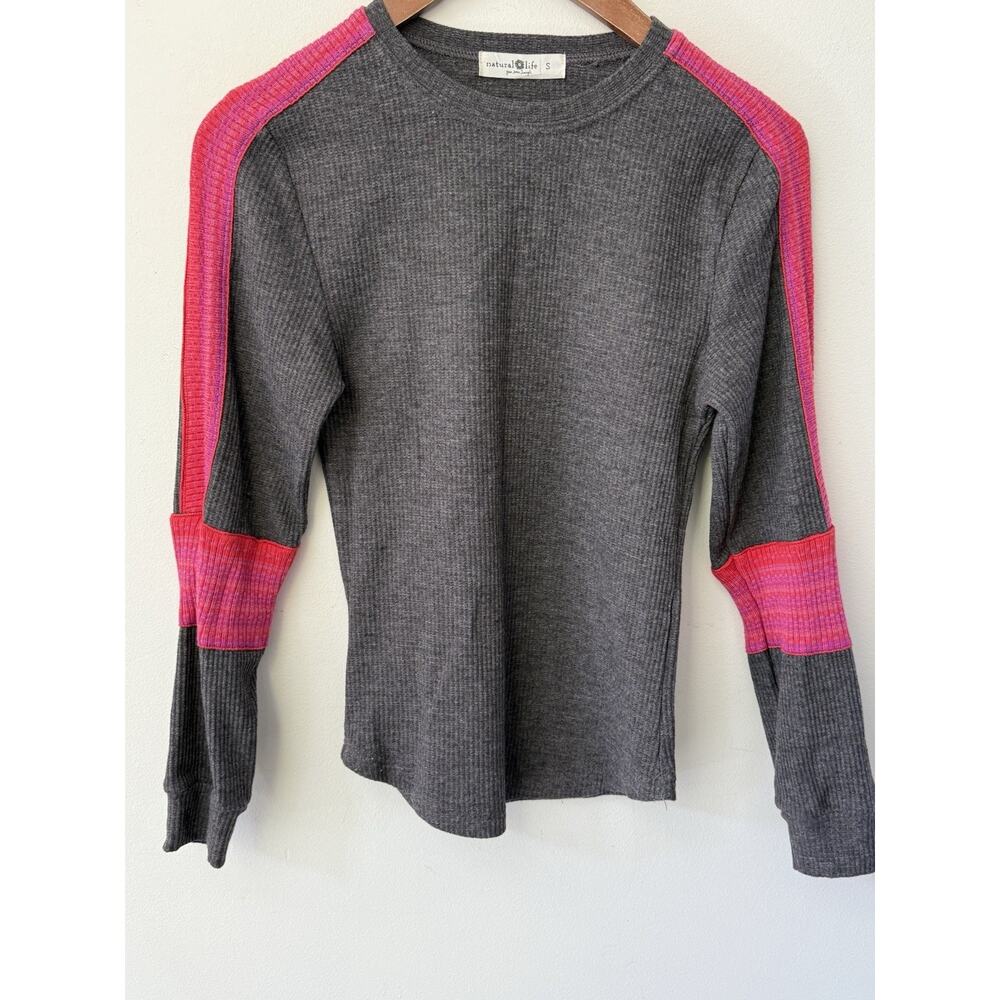 NATURAL LIFE Charcoal Ribbed Long Sleeve Top with Pink Contrast Sleeves